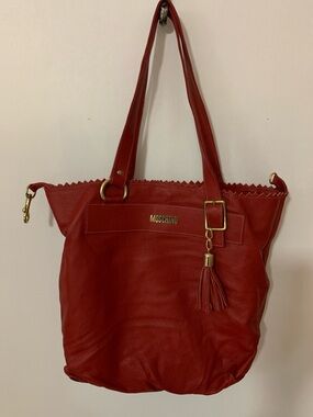Moschino Red pebble Leather Tote with Tassel and Gold Accents